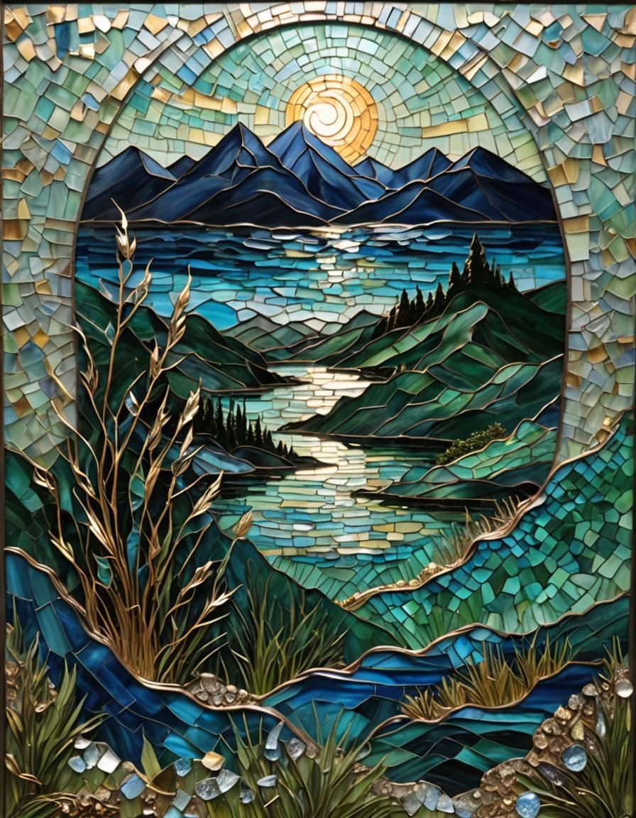 Stained Glass Triptych: Moonlit Lake and Mountains