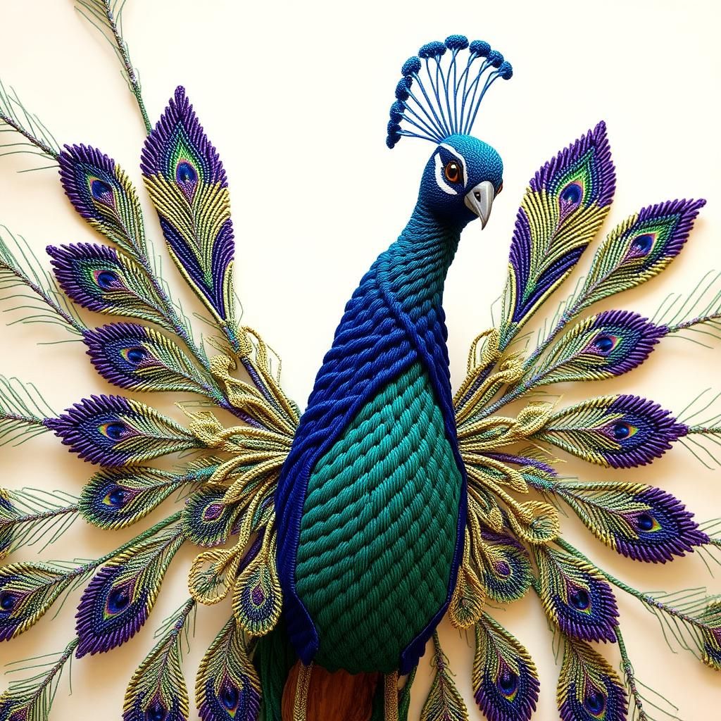 Braided Peacock with Macramé Feathers in Art Nouveau Style