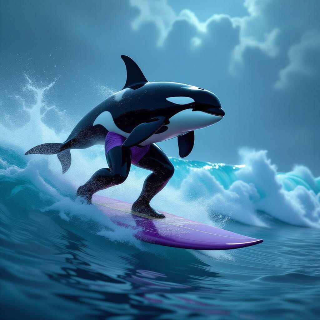Orca Humanoid Surfing: A Biomechanical Surreal Scene