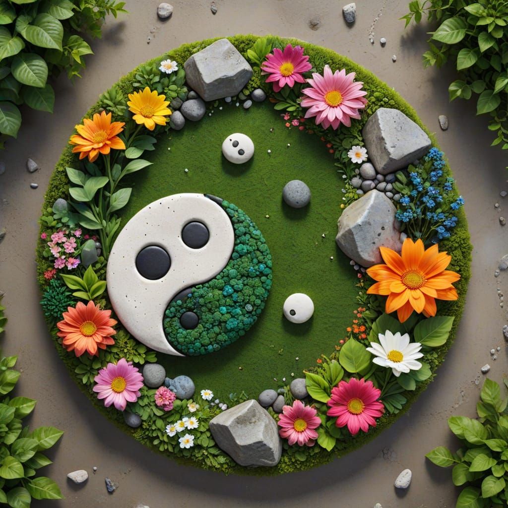 Detailed Yin-Yang Symbol with Lush Landscape