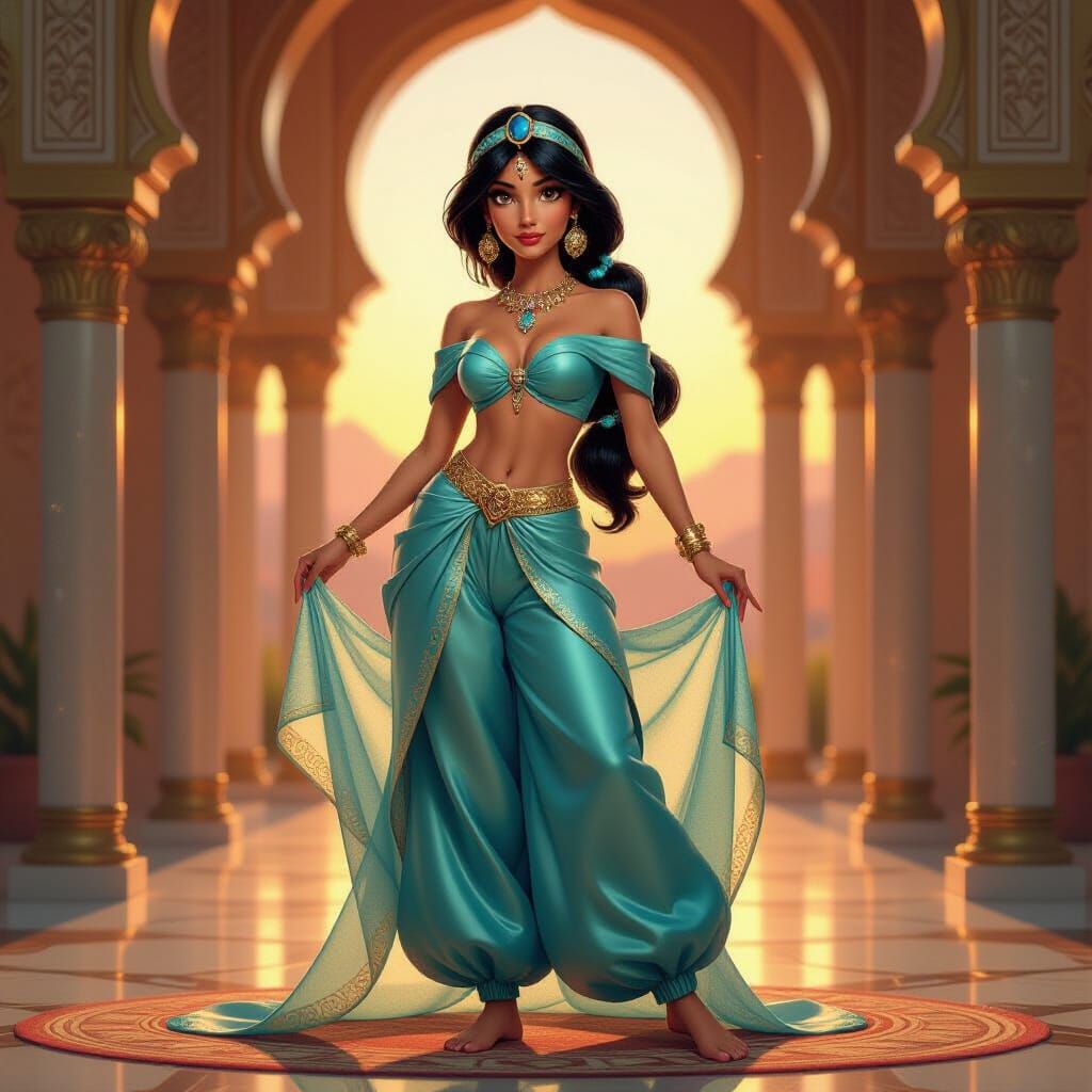Princess Jasmine in Opulent Arabian Palace at Sunset