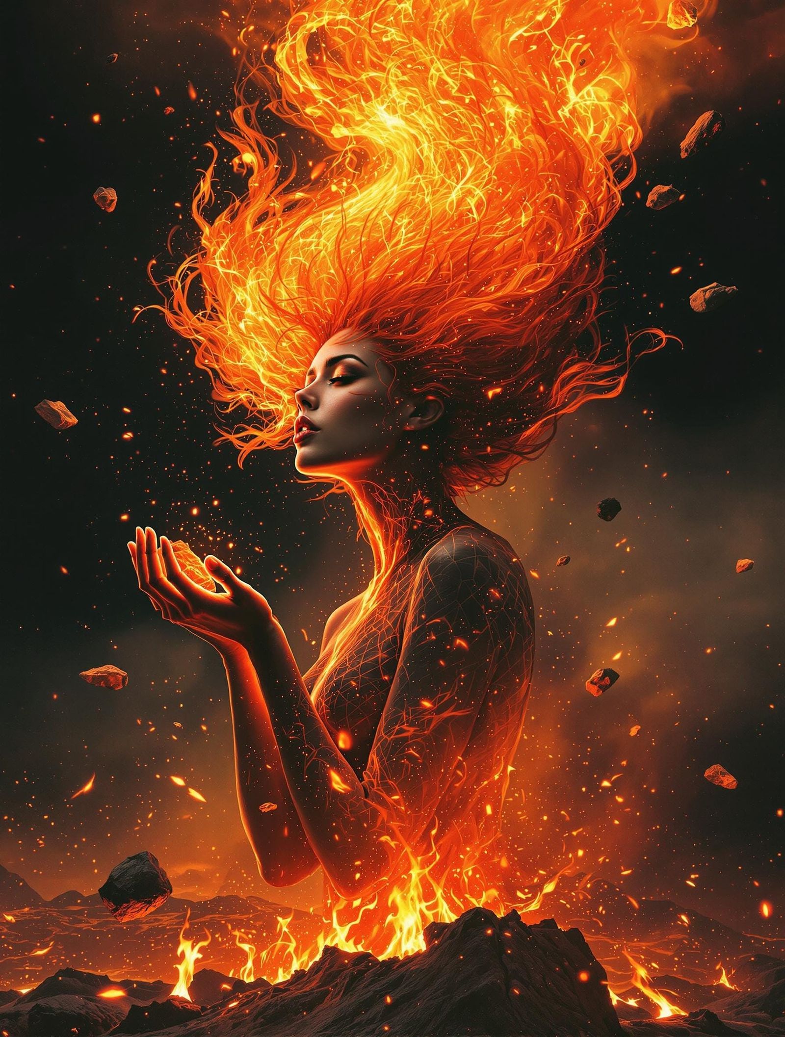 Surrealist Goddess Transforms into Molten Flame