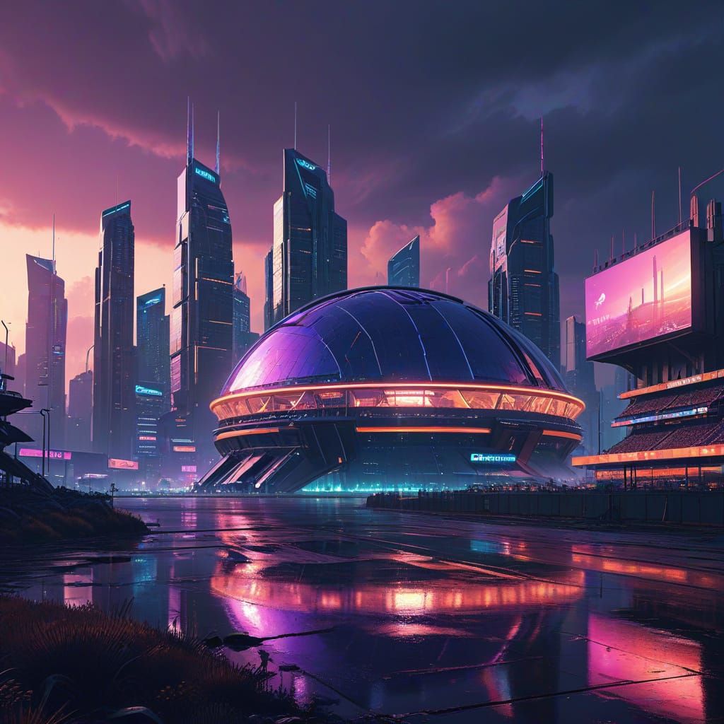 Cyberpunk Cityscape with Gleaming Chrome Dome