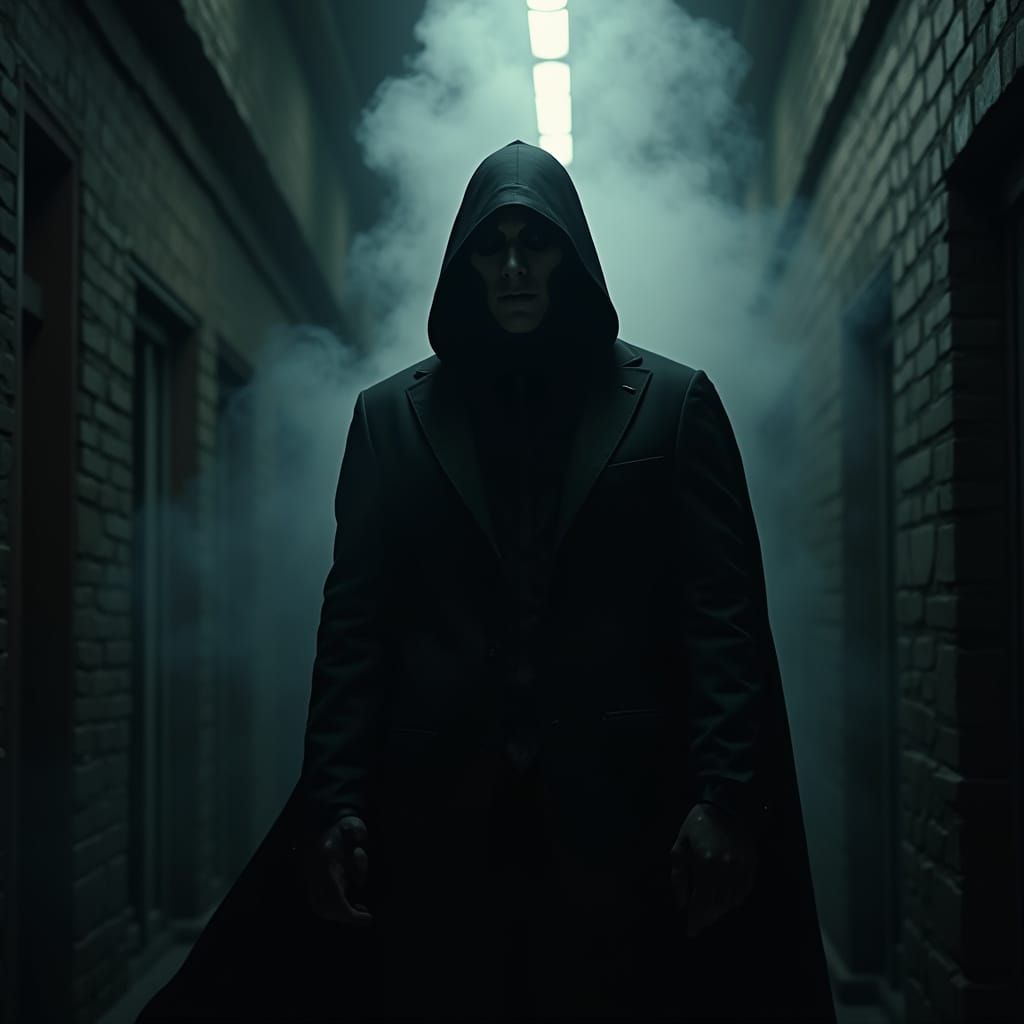 Cinematic Supervillain Controlling Shadows in Dark Alleyway