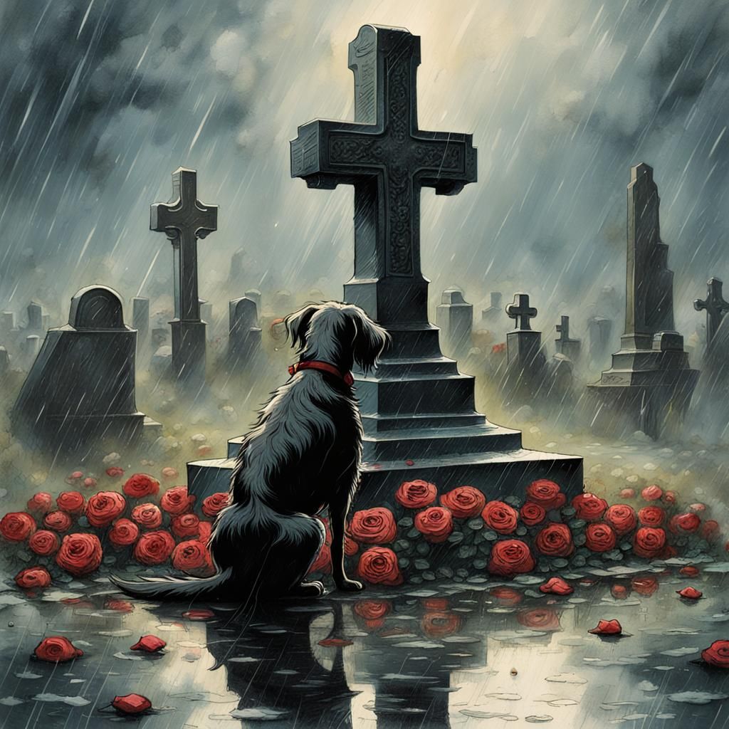 Dog at Gravestone in Rain, Fairytale Illustration