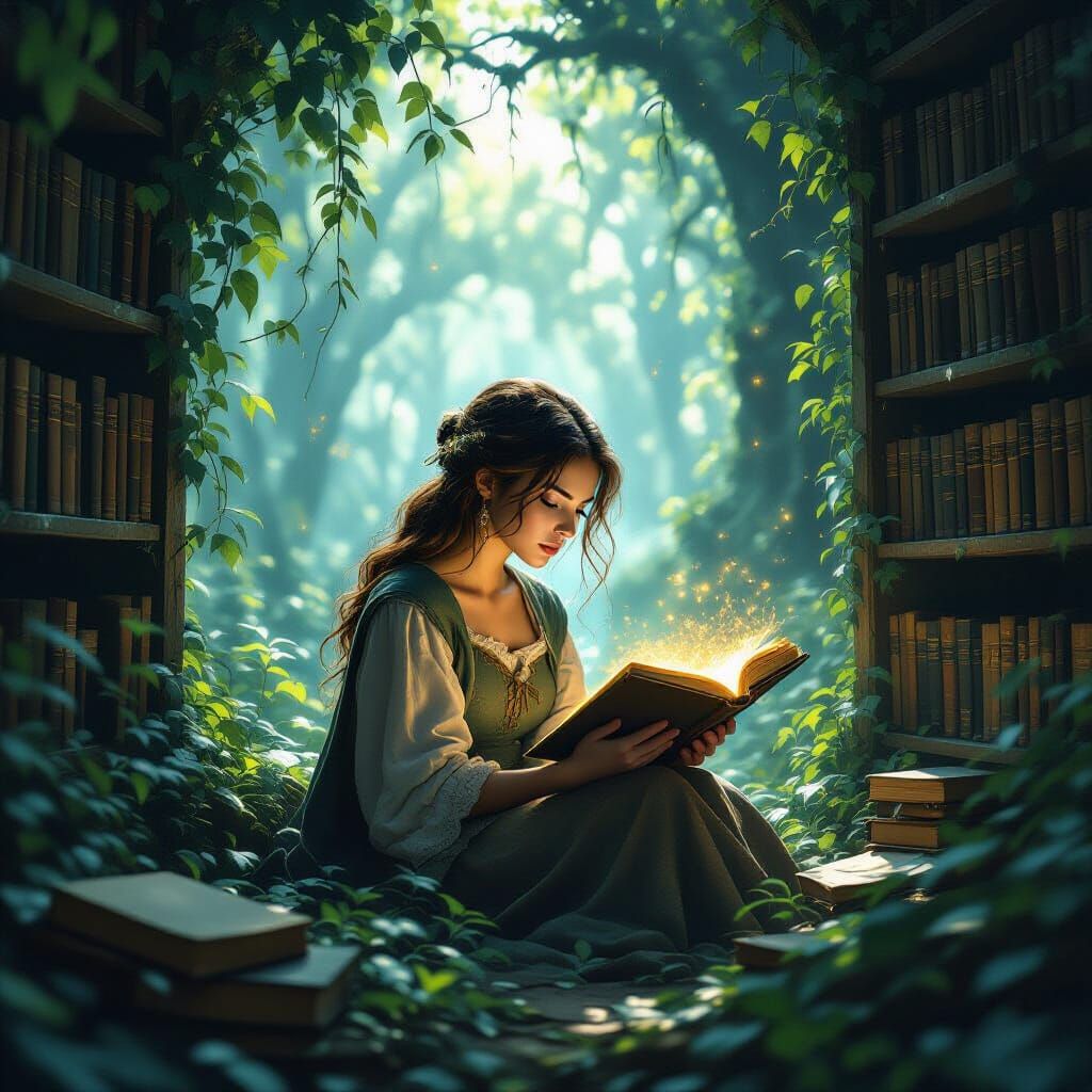 Young Woman in Enchanted Library, Ethereal Fantasy Art