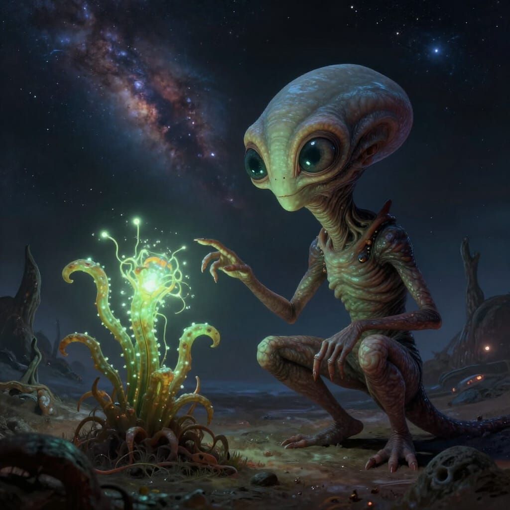 Bioluminescent Alien Explores Glowing Plant on Alien World