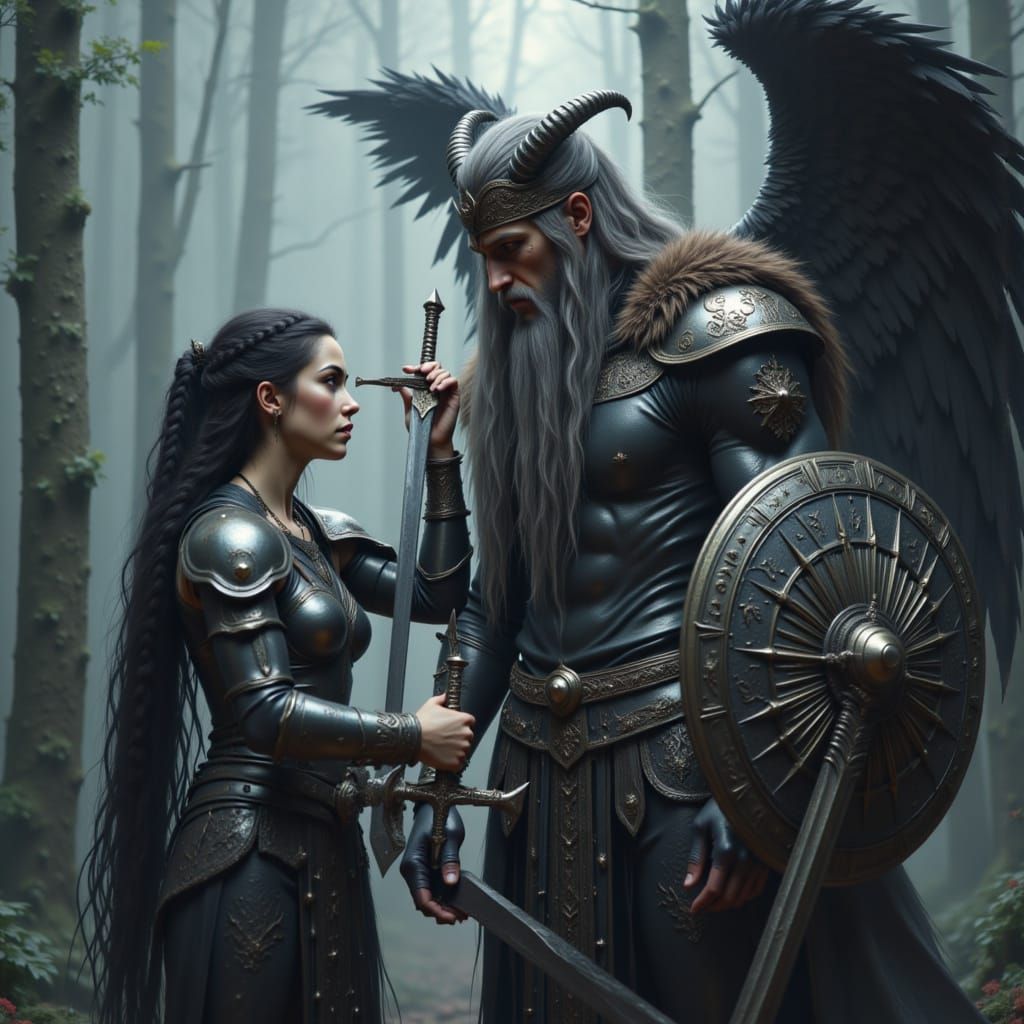 Dark Angel Warrior Girl Confronts Viking Warrior in Hyper-Re...