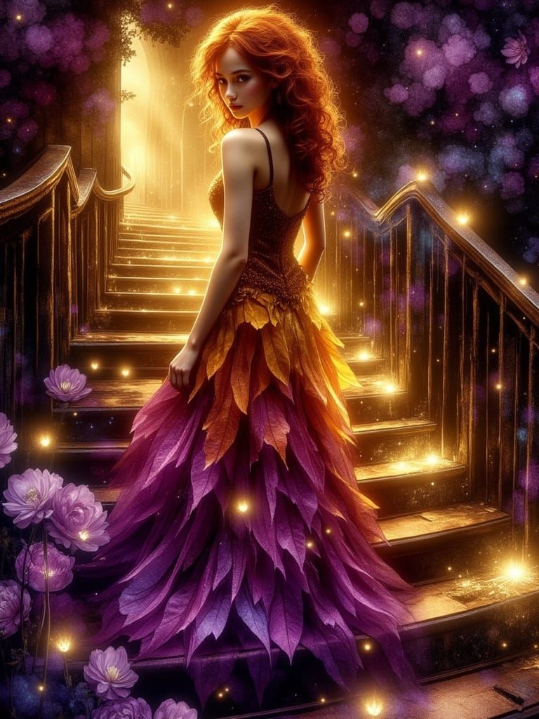 Enchanting Goddess in Dahlia Gown Amidst Twilight Leaves