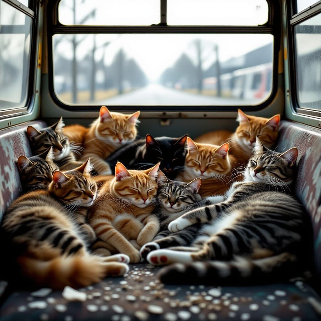 Cats Sleeping in Abandoned Bus - Hyperrealistic