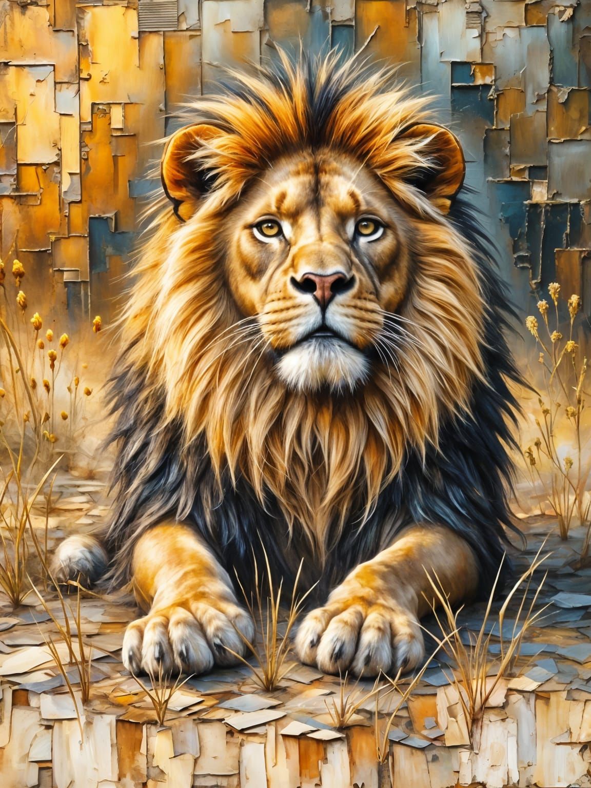 Regal Lion Portrait in Thick, Textured Impasto Style