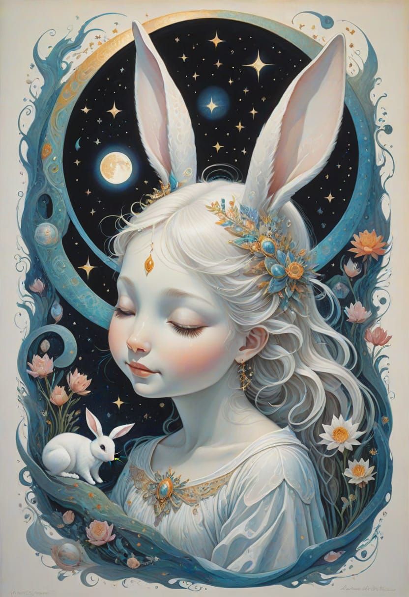 Psychedelic Moon Rabbit Guardian with Sleeping Child