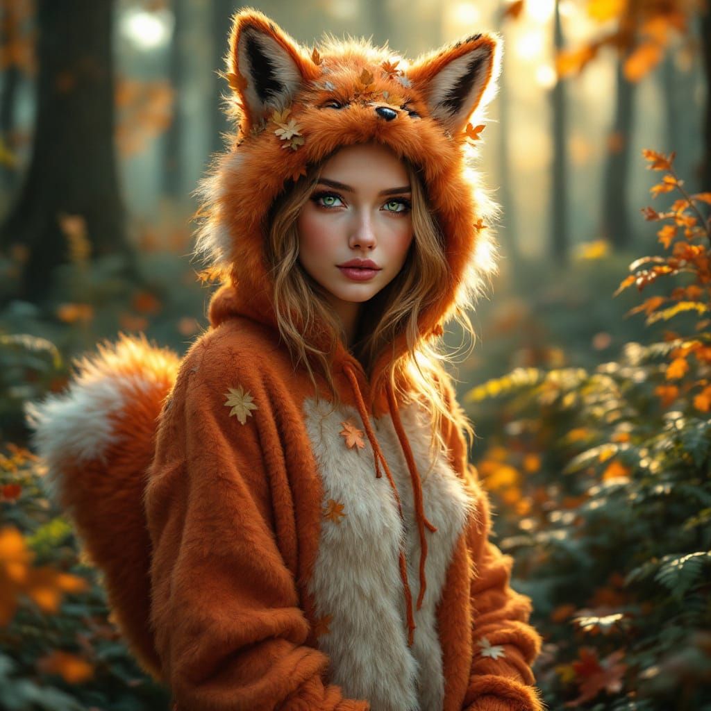 Woman in Fox Outfit Portrait in Forest