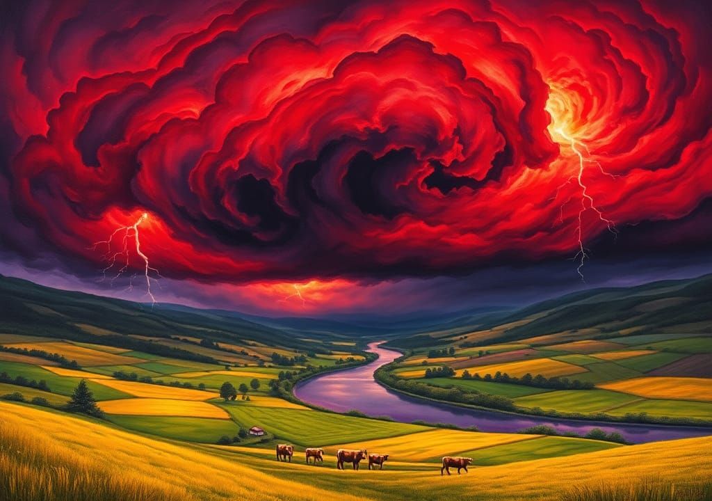 Ominous Crimson Tempest over Serene Pastoral Valley