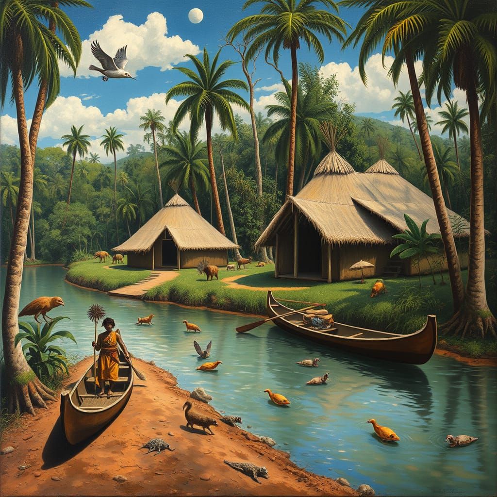 Surrealist Jungle Scene with Indigenous Tribes and Wild Crea...