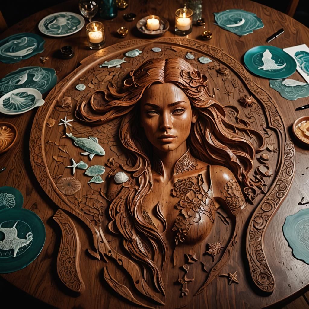 Cyberpunk Woman on Carved Table in Neon Lights