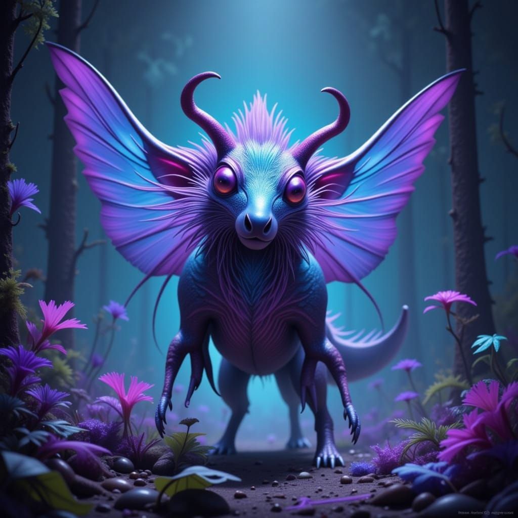Fantastical Creature in Bioluminescent Forest