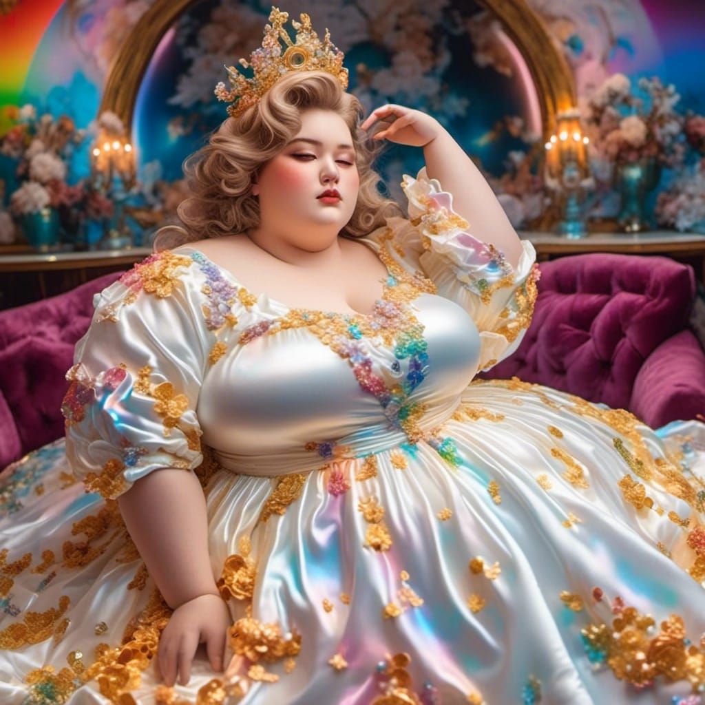 Statuesque Plus-Size Woman in Rainbow Satin, Digital Art