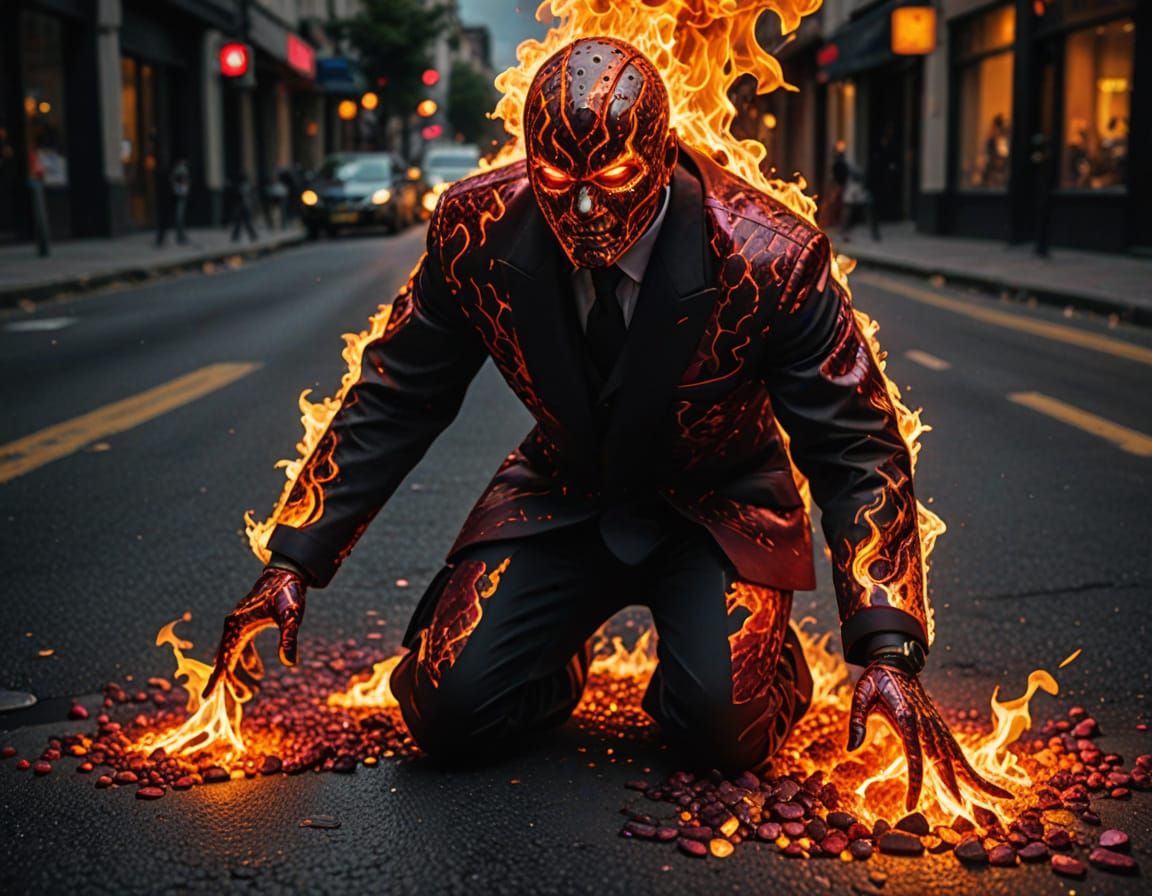 Fire Man in Glowing Suit Screaming on Asphalt