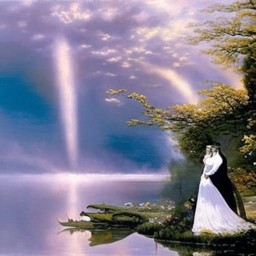 Romantic Lakeside Lovers in Bloom, Engraving Style