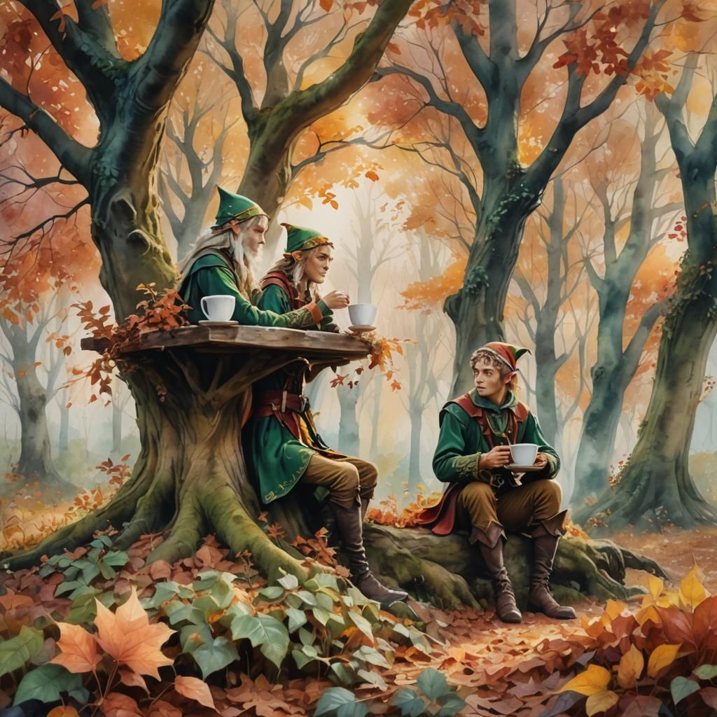 Elves Enjoying Coffee in Autumnal Forest Clearing