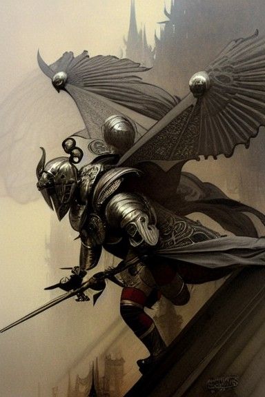 Winged Knight with Tiger Helmet in Art Nouveau Style