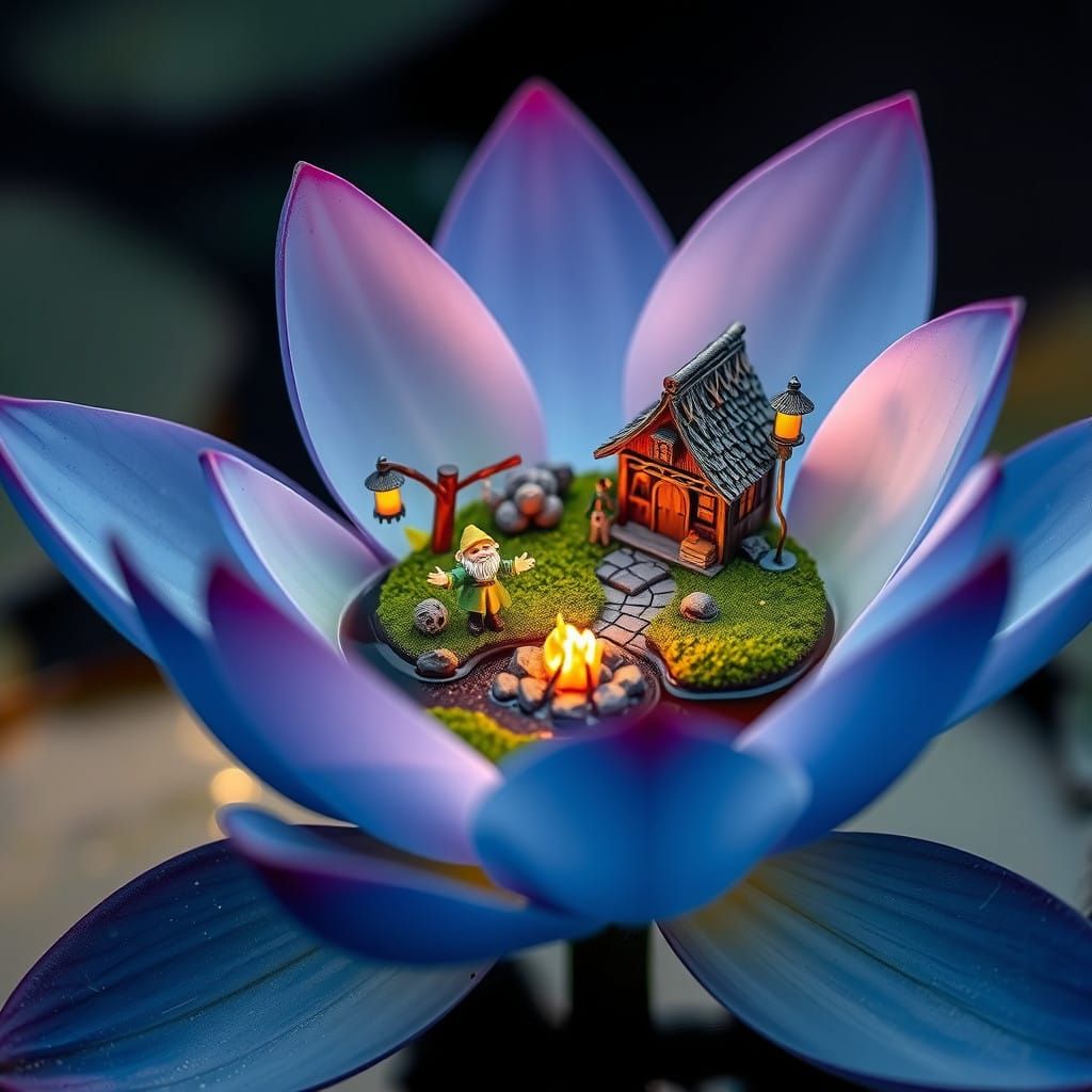 Vibrant Blue Lotus Blossom Reflects Sunset on Serene Pond