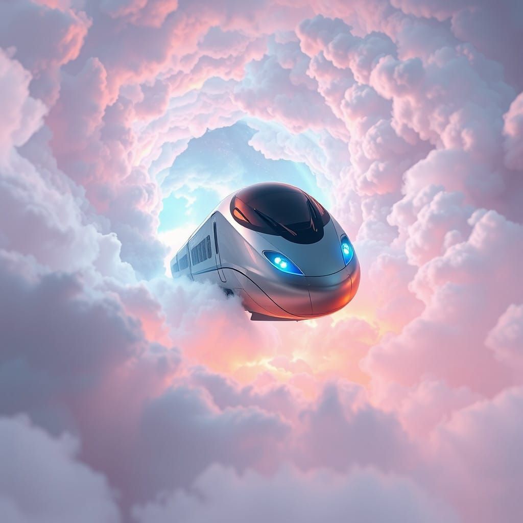 Sleek Silver Train Pierces Through Dreamlike Vortex in Cyber...