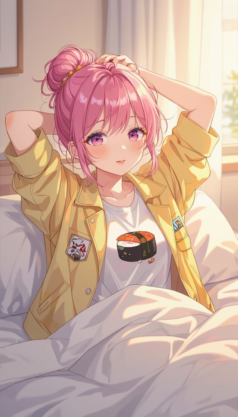 Anime Girl Waking Up in Cozy Bedroom