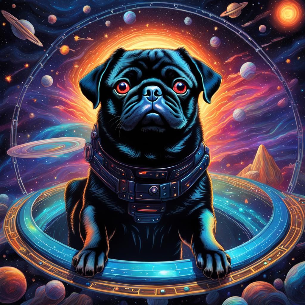 Pug in Spaceship Enters Black Hole: Cosmic Illustration