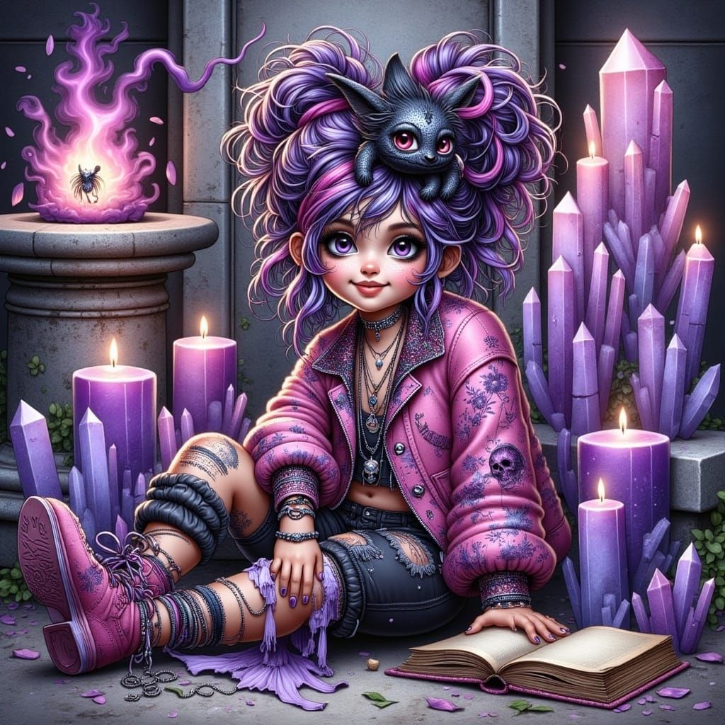 Dystopian Punk Girl Amidst Ancient Energies and Glowing Crys...