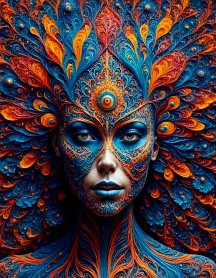 <lora:Cosmic peacock:1.0> <lora:T-Virus:1.0> <lora:Fractalicious:1.0> Black woman wearing colorful spore mask on face