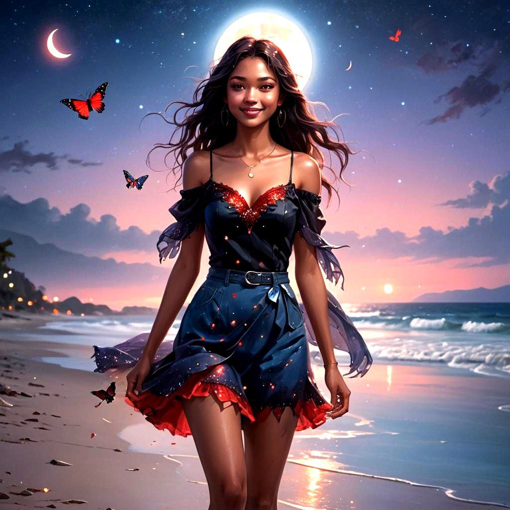 Beautiful Girl on Beach with Butterfly in Moonlight