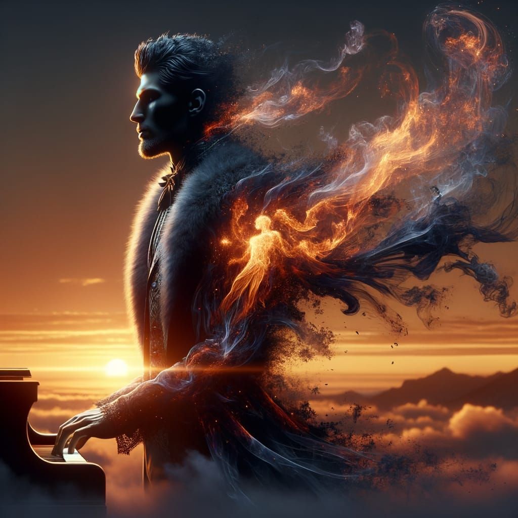 Hispanic Man's Ethereal Sunset Transformation in Fantasy Art