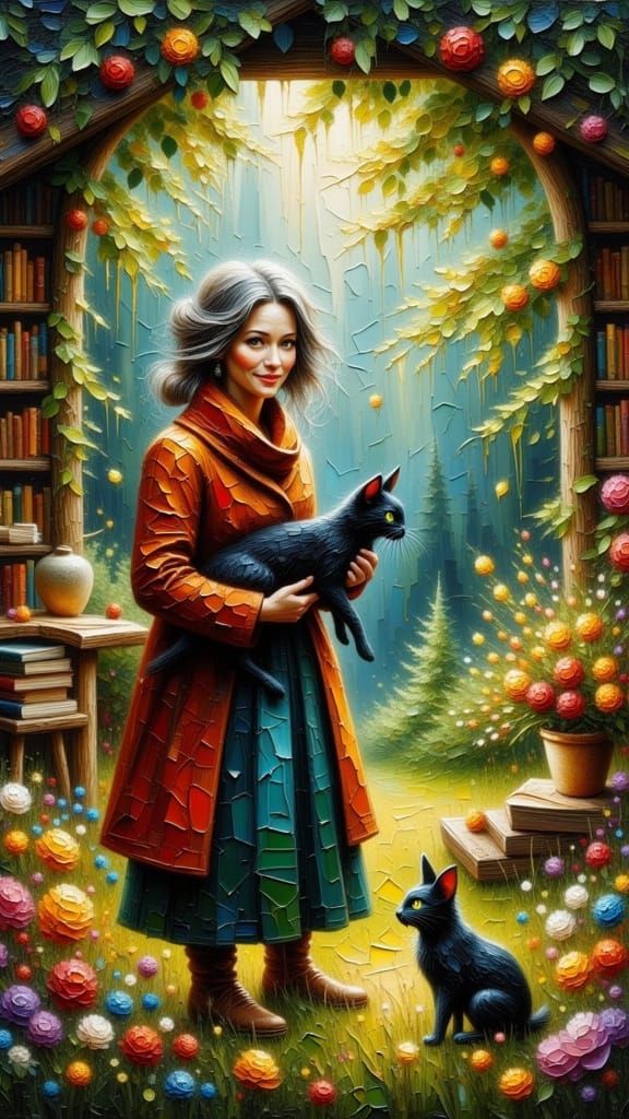 Babushka and Black Cat in Cozy Cabin