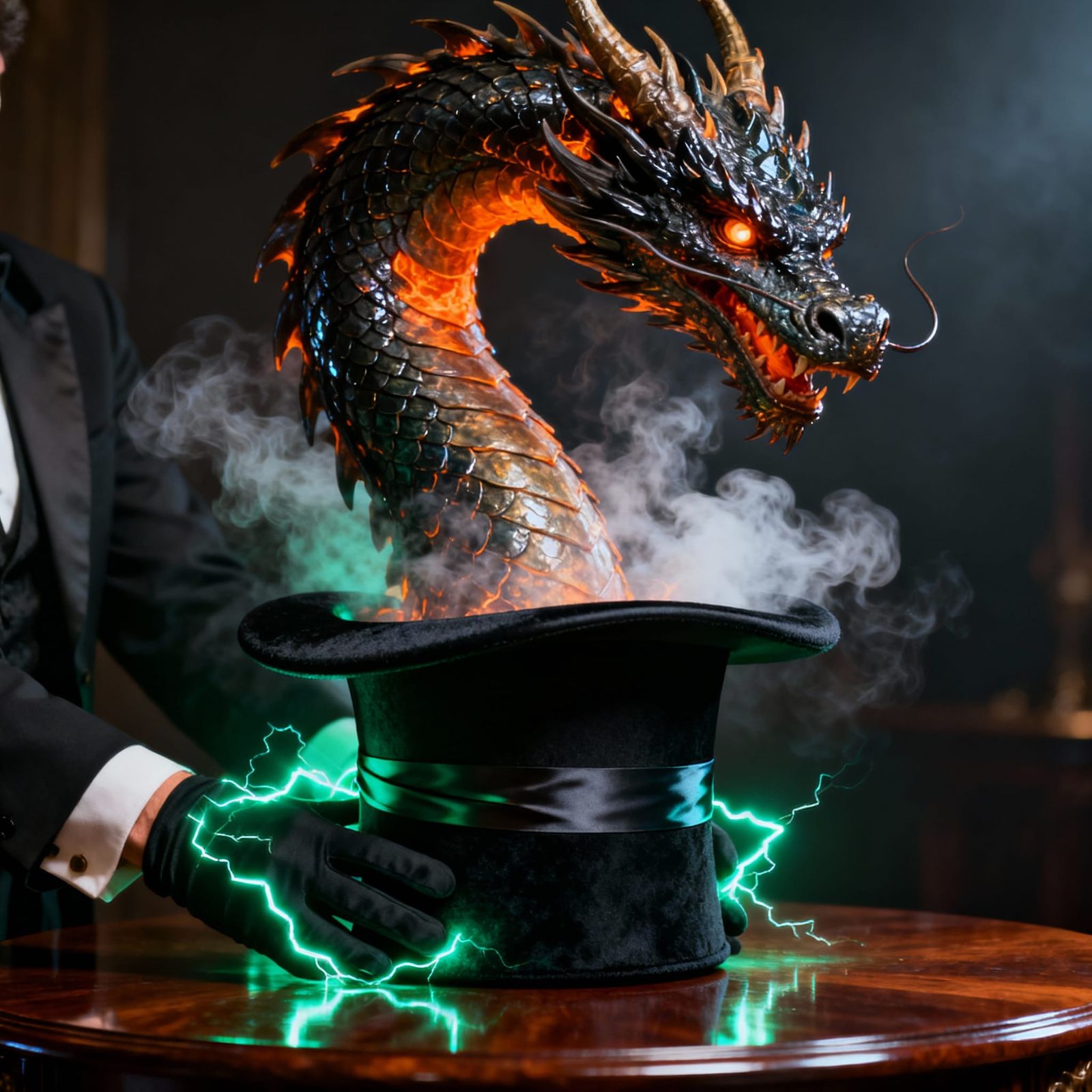 Mythic Dragon Emerges from Top Hat in Hyper-Realistic Photo