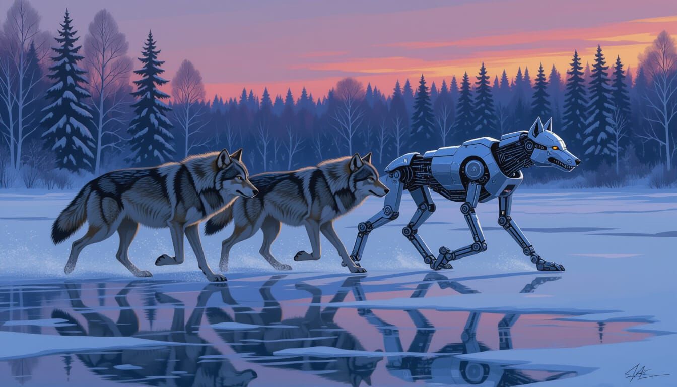 Robot Wolf Leads Pack Across Frozen Lake