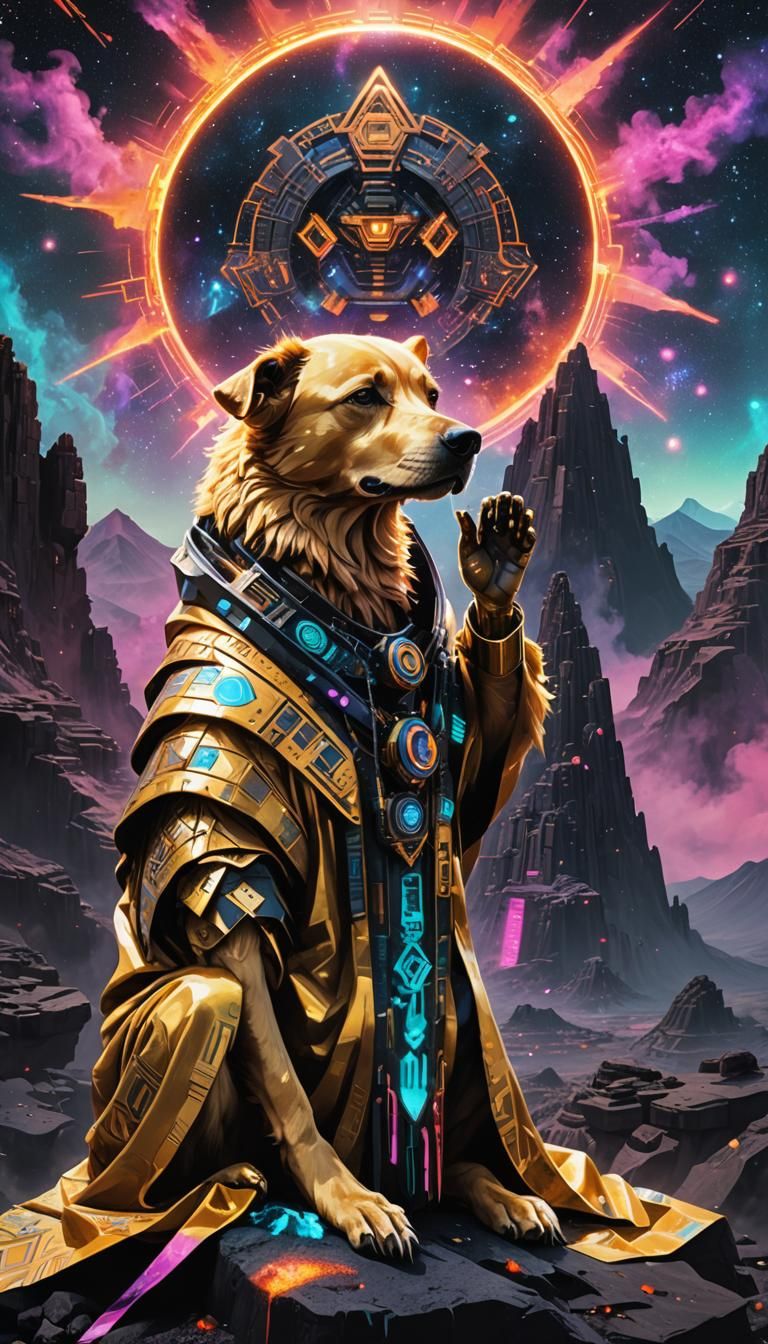 Cyberpunk Golden Dog Praying on Aztec Mountain