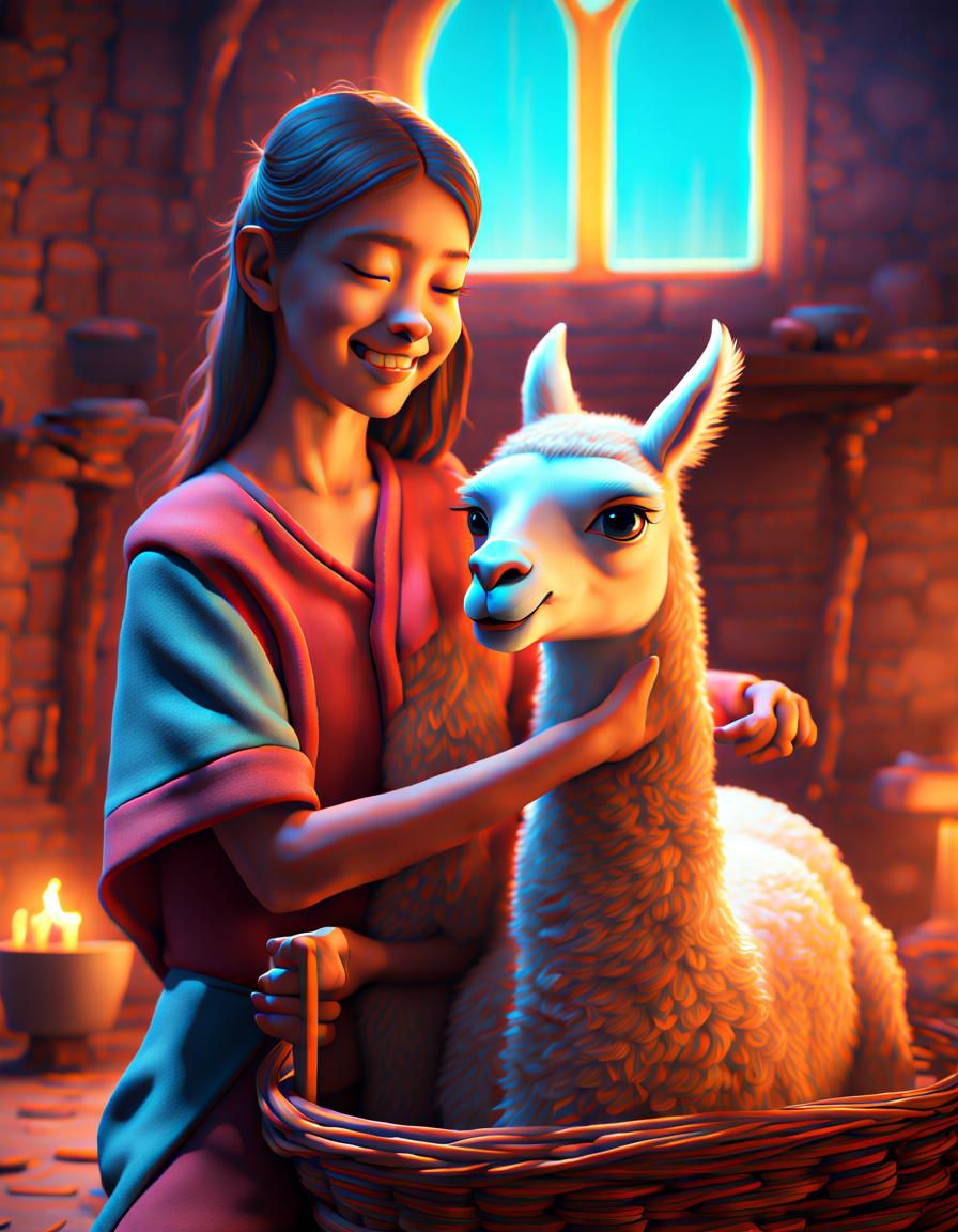 A lama in a manger with a girl petting him, Disney, concept ...