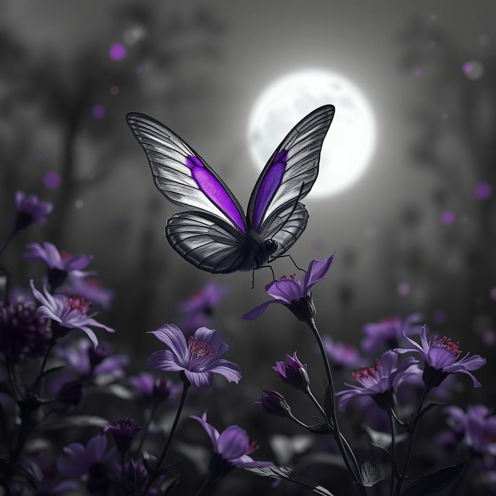 Regal Grey Butterfly in Enchanted Moonlit Garden