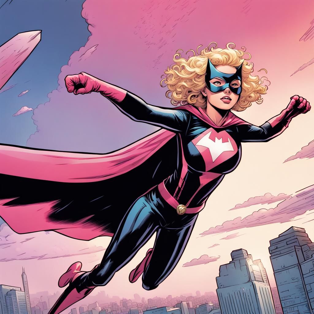 Teenage Superhero and Cat Soar in Comic Art