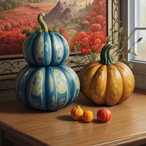 Candy Art Gourds on Table: Digital Illustration