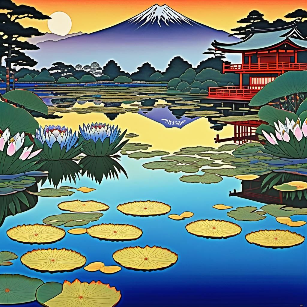 Fractal Exotic Elegance, ukiyo-e, garden, pond, waterlilies,...