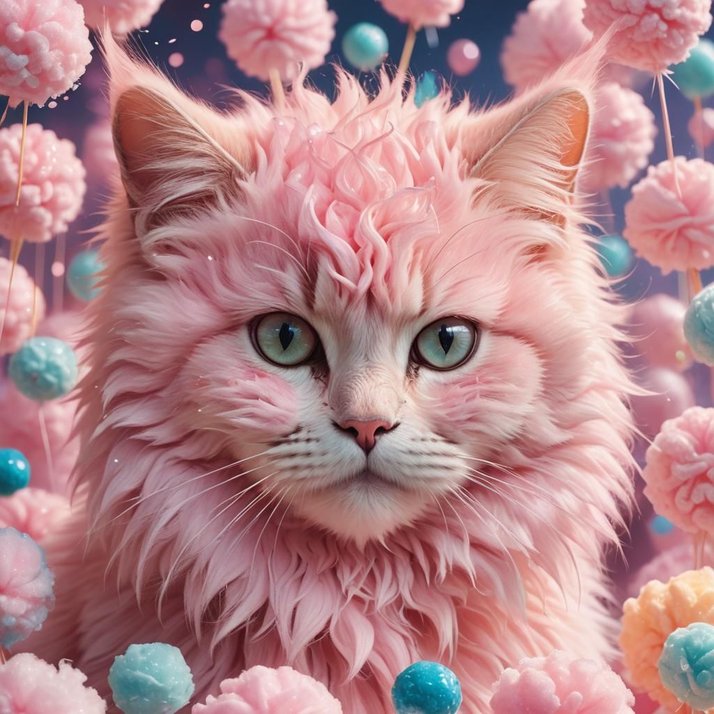 Pink Cotton Candy Cat in Pastel Digital Art