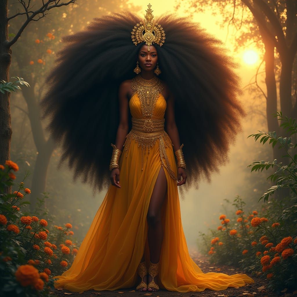 Regal Black Woman with Golden Afro in Garden of Eden