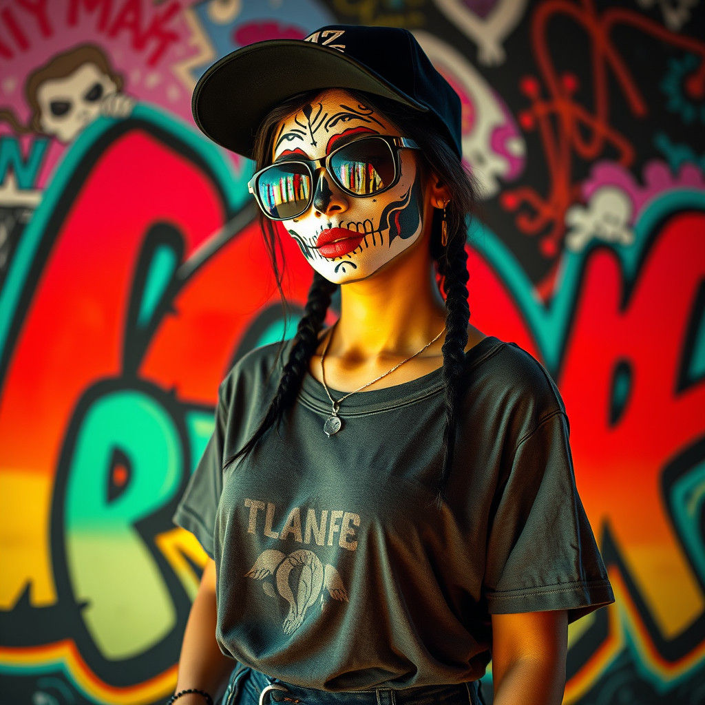 Venezuelan Catrina in Synthwave Urban Setting