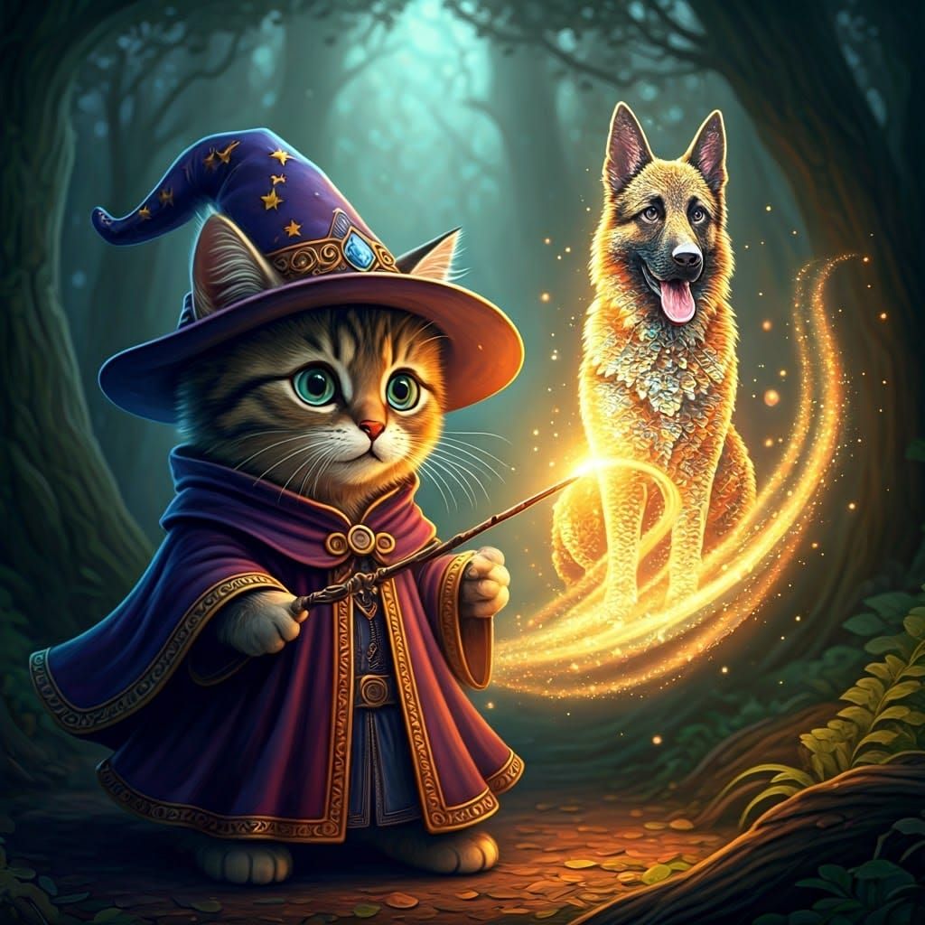 Whimsical Kitten Wizard Conjures Majestic German Shepherd