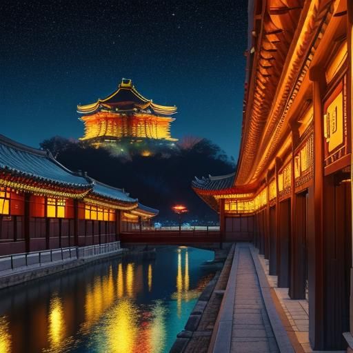 Gyeongbokgung Palace at Night in Oil Painting Style