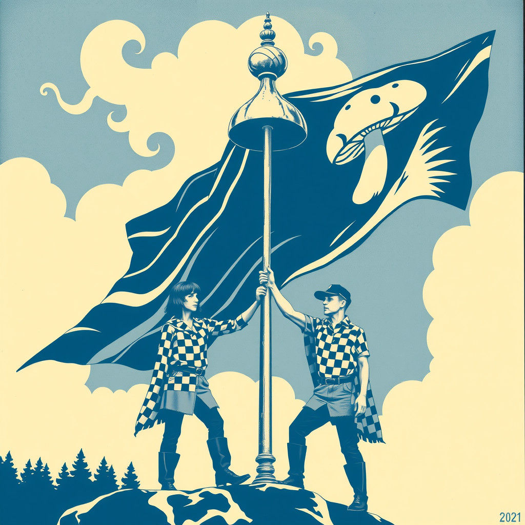 Mushroom Flag Protest in Linocut Art Brut Style