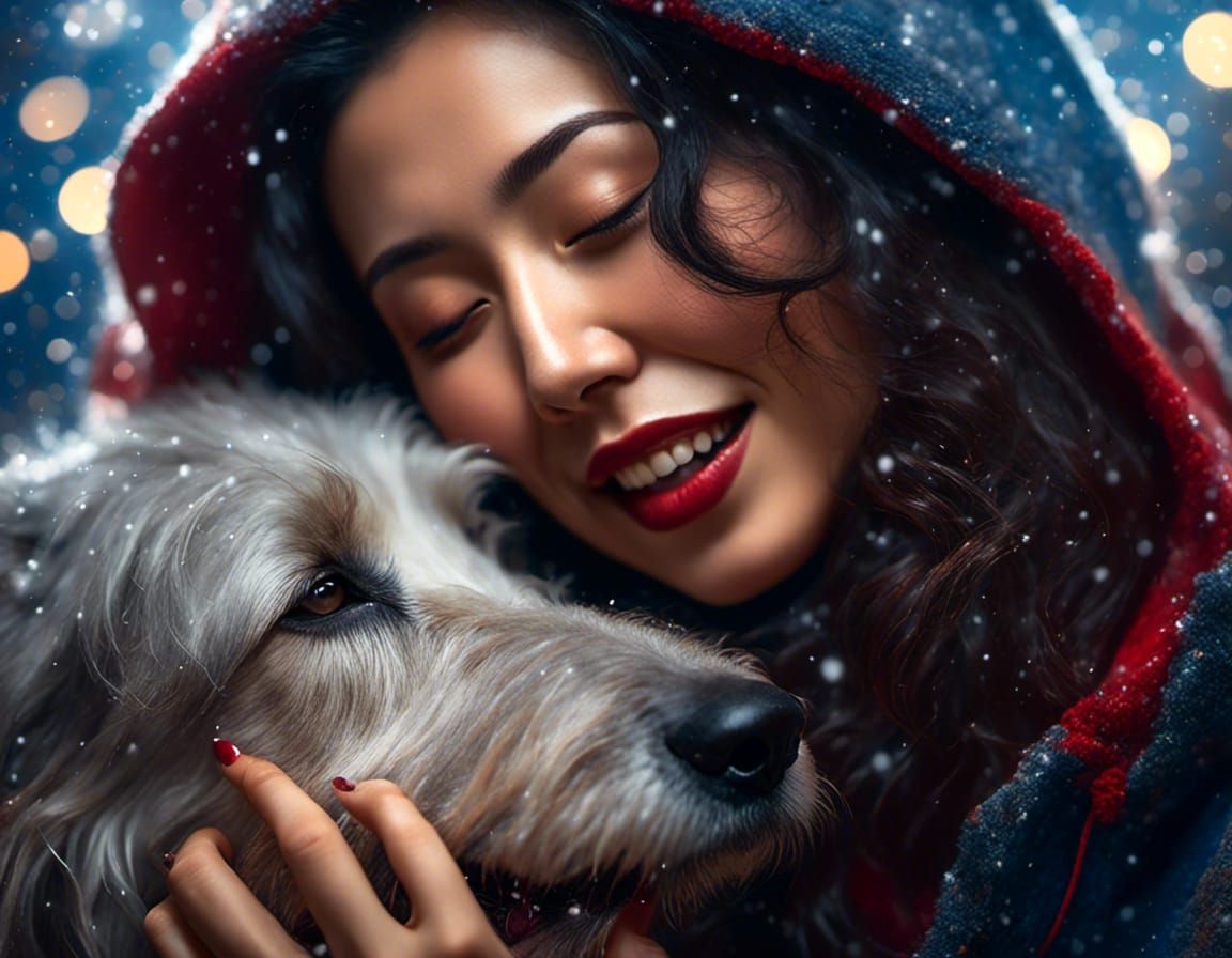 Woman and Irish Wolfhound New Year's Kiss